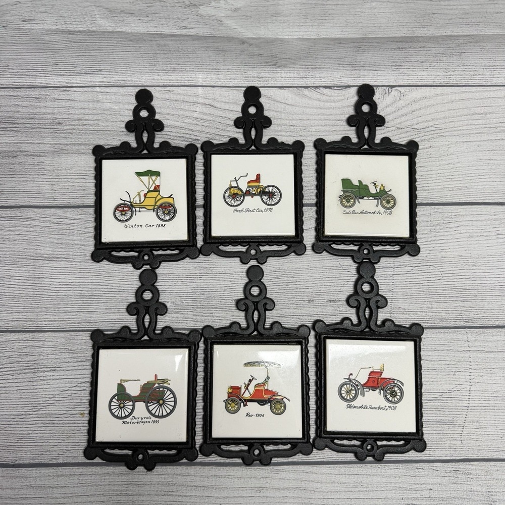 6 VTG Cast Iron and Ceramic Tile Antique Automobile Kitchen Trivets Decor Japan